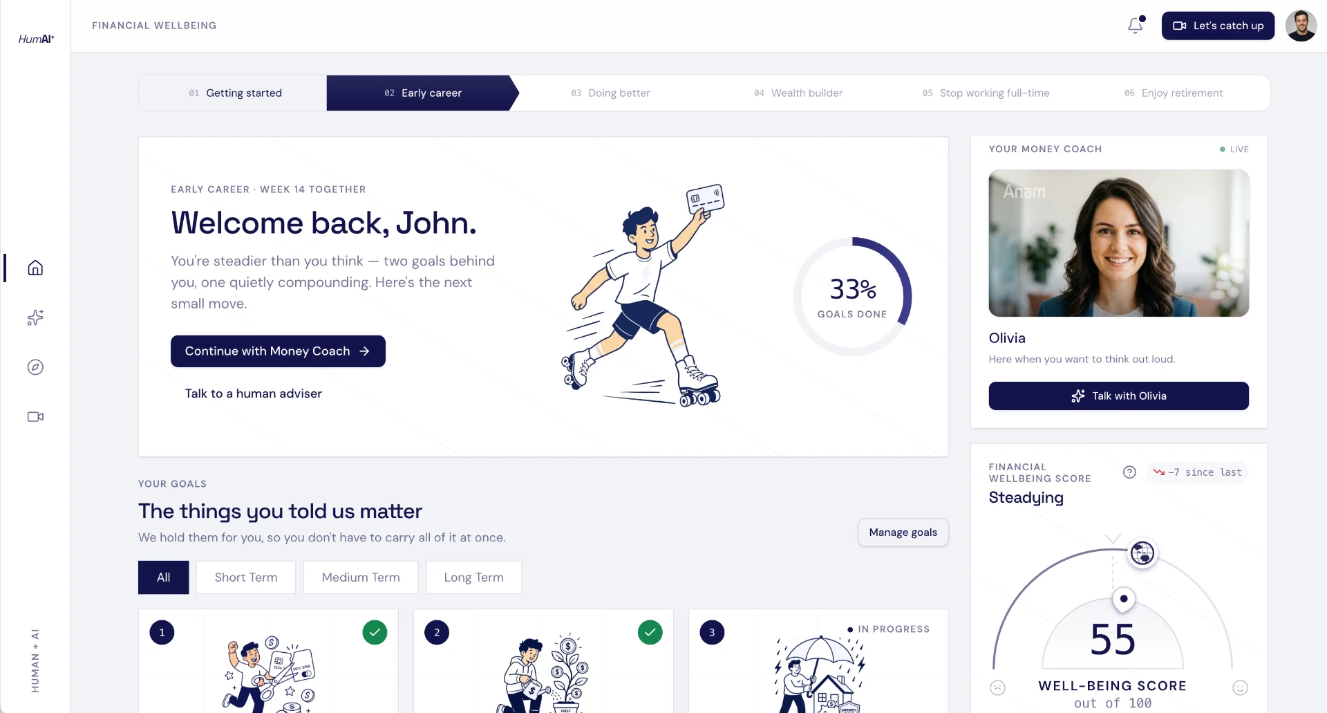 Financial wellbeing application dashboard showing goals, money coach and wellbeing score